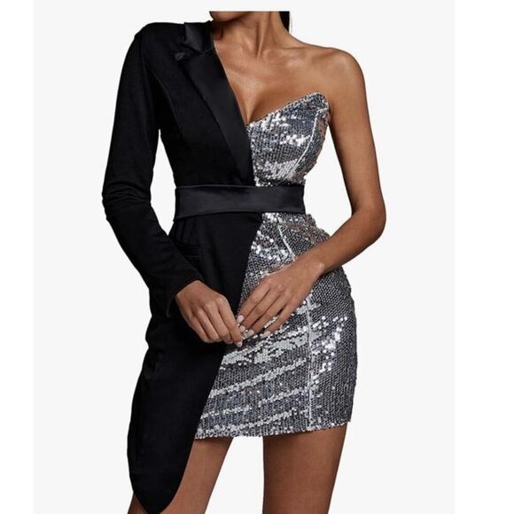 NWT Eye Candy Silver night sequin and black blazer coat combo going out party - Picture 2 of 13